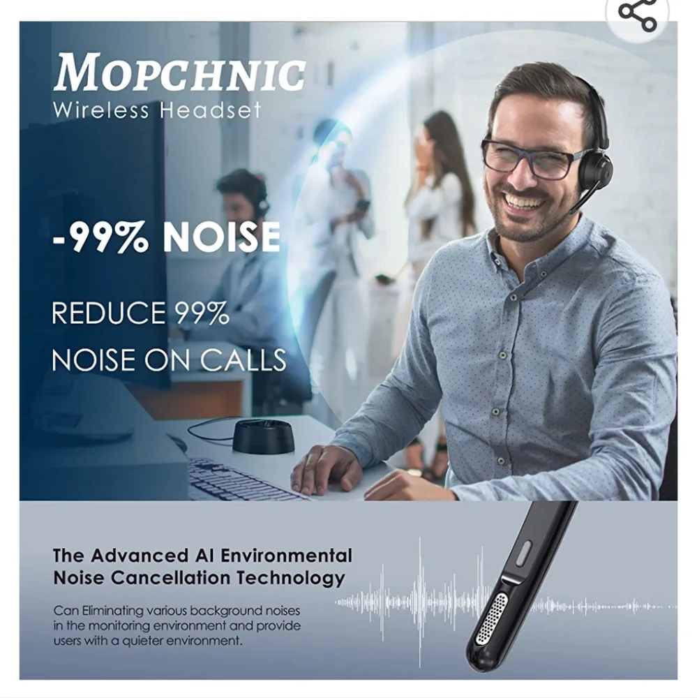 Mopchnic Bluetooth Headset, Wireless Headset w Microphone AI Noise Canceling - Picture 2 of 13
